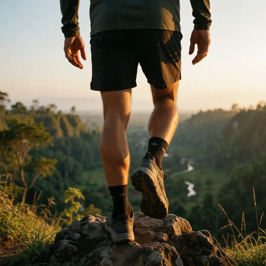 Active man hiking a mountain trail at golden hour