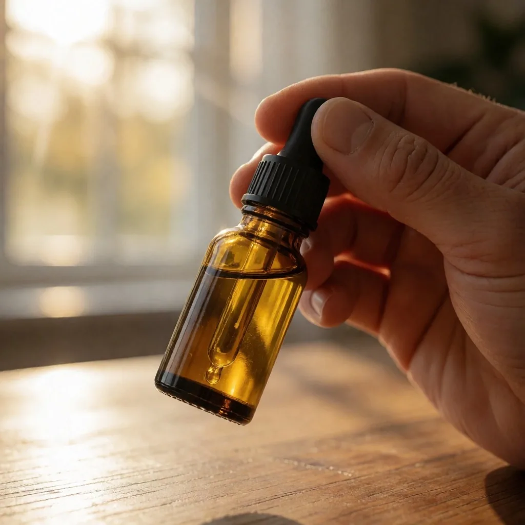 Natural vitamin D supplement in amber dropper bottle