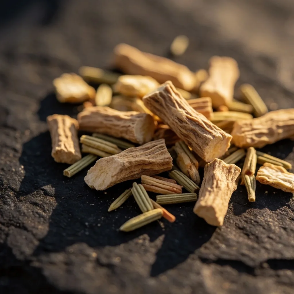 Dried adaptogenic herbs and roots on stone