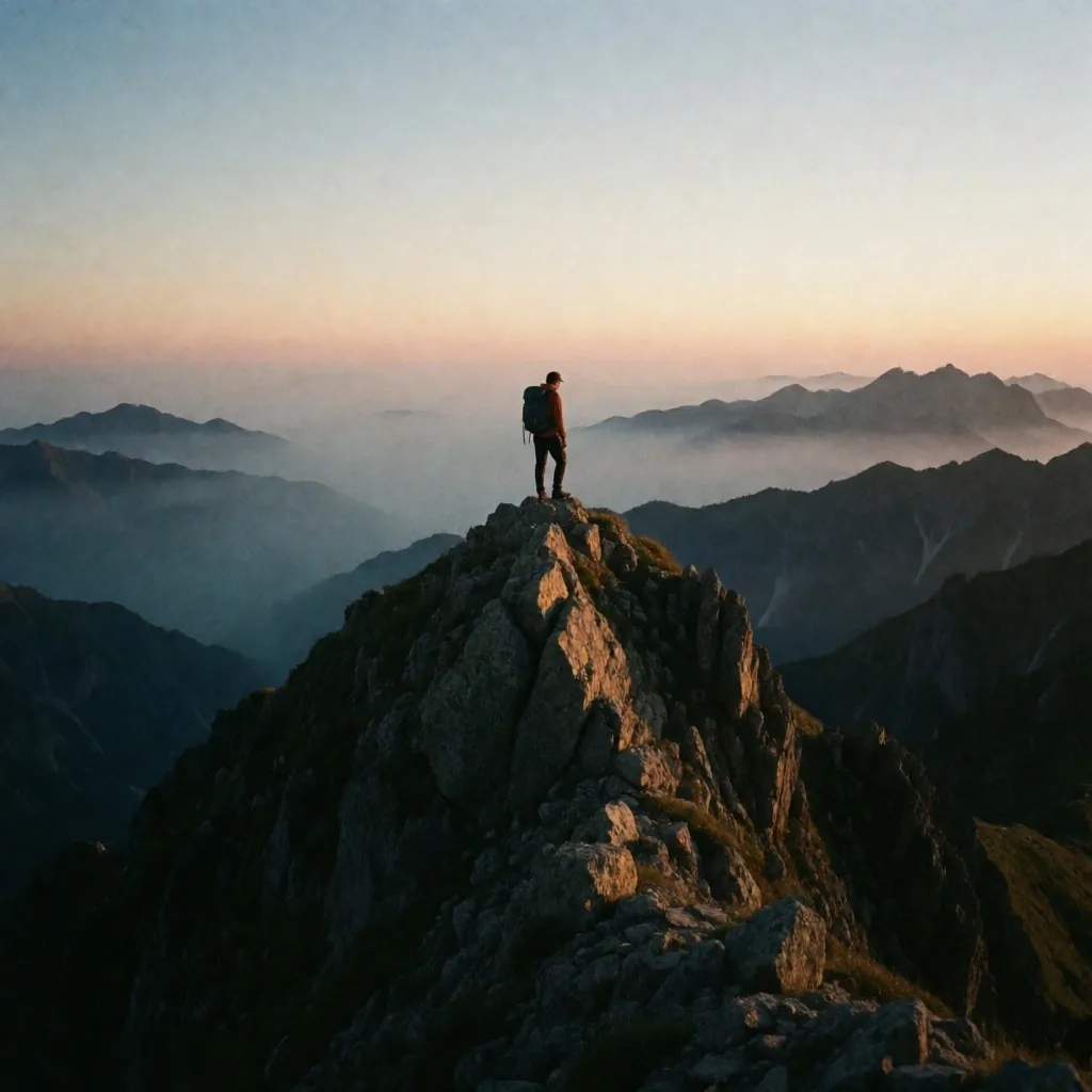 Mountain ridge at dawn with a lone climber silhouette