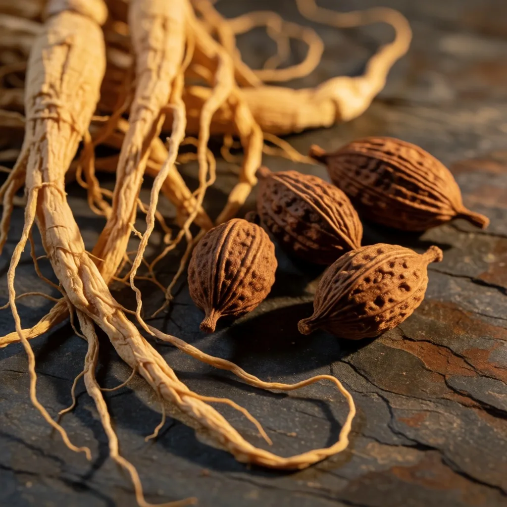 Dried ginseng roots on stone surface