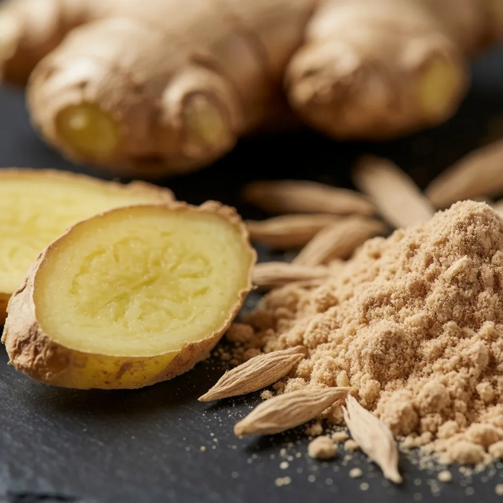 Dried ashwagandha root powder in stone mortar