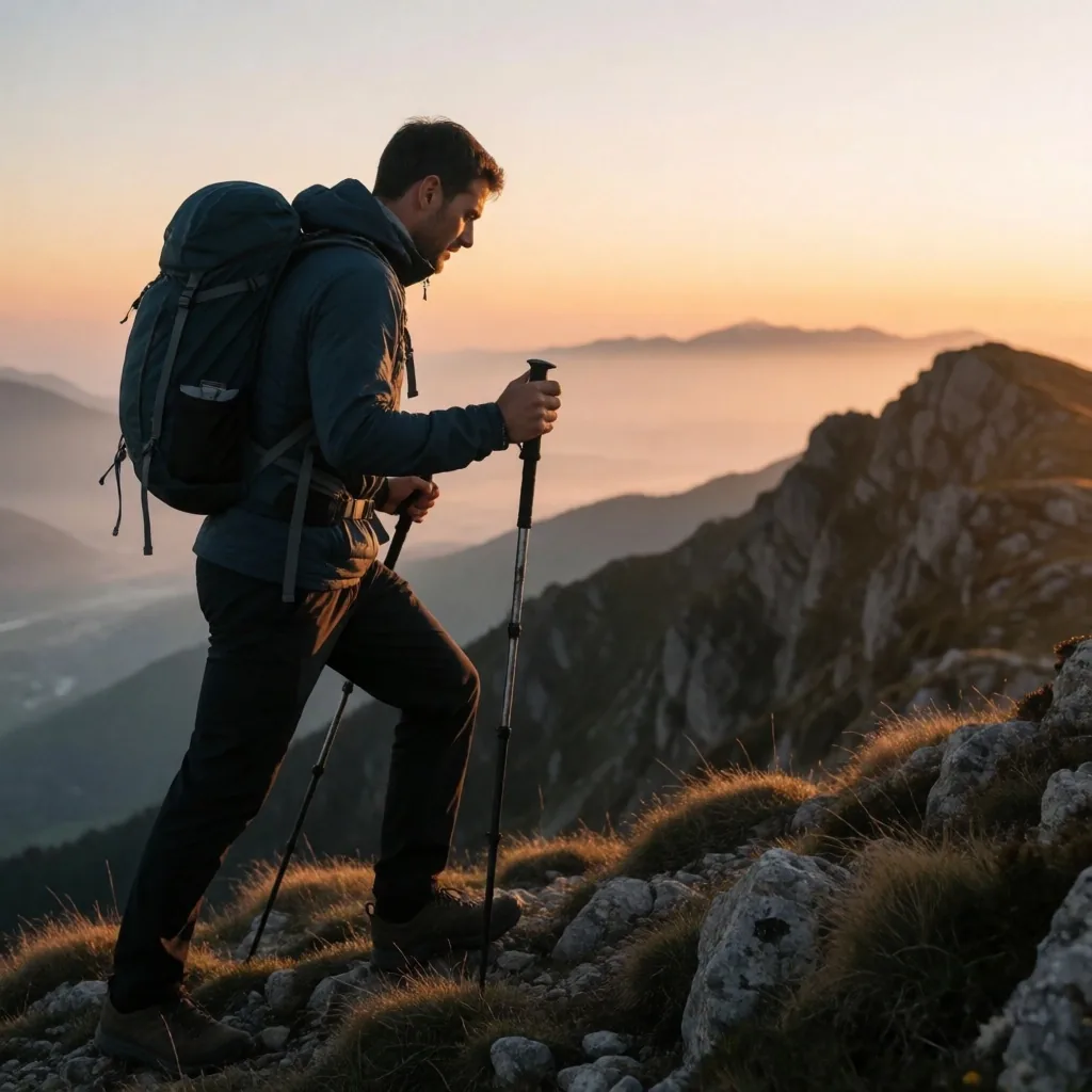 Man walking on mountain trail at dawn