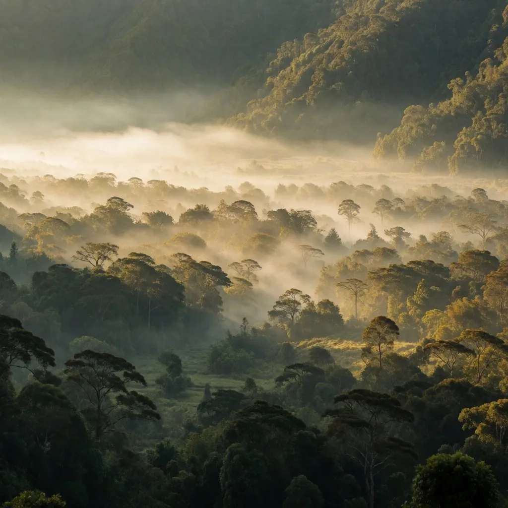 Misty mountain valley at golden hour