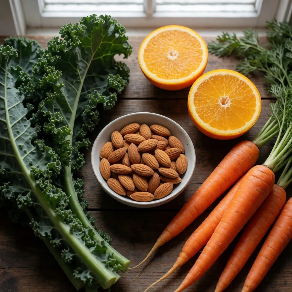Vitamin-rich whole foods on wooden surface