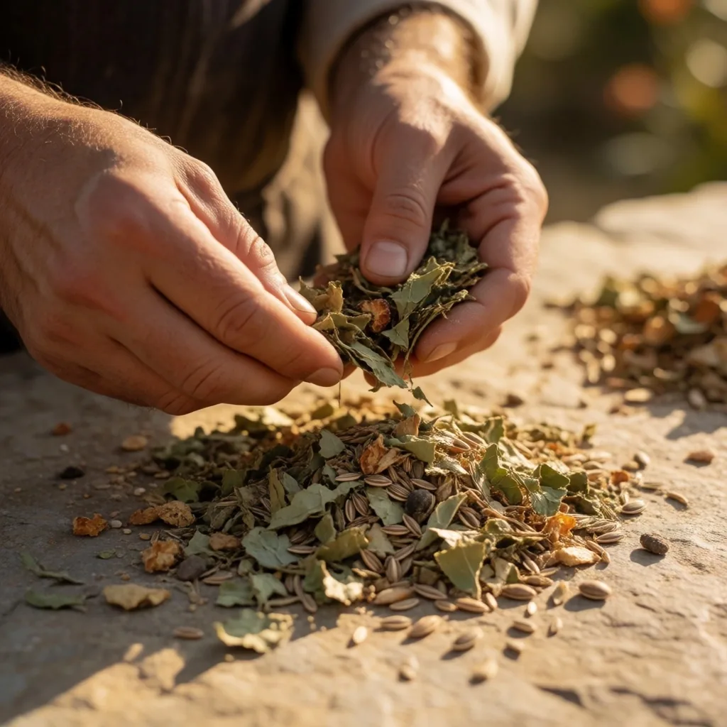 Dried herbs and mineral powders arranged for formulation study
