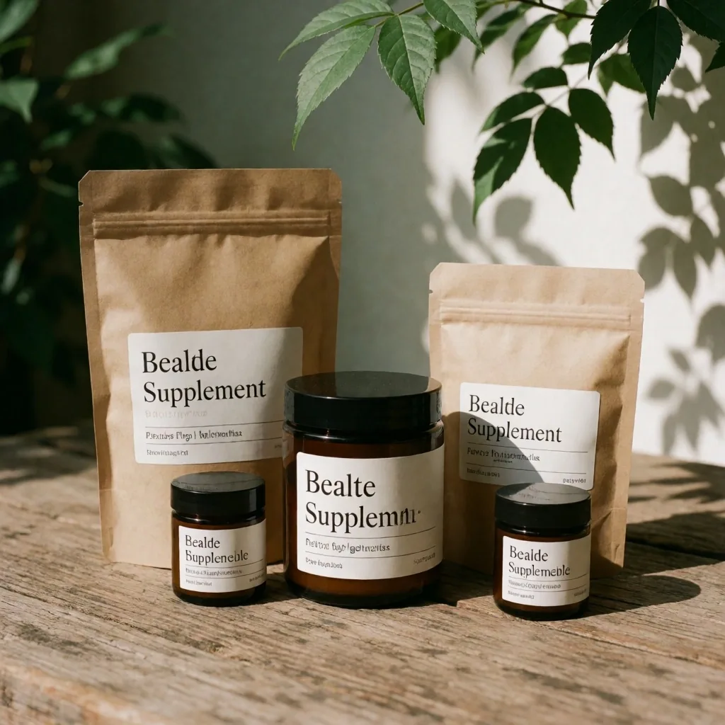 Eco-friendly supplement packaging on wooden table
