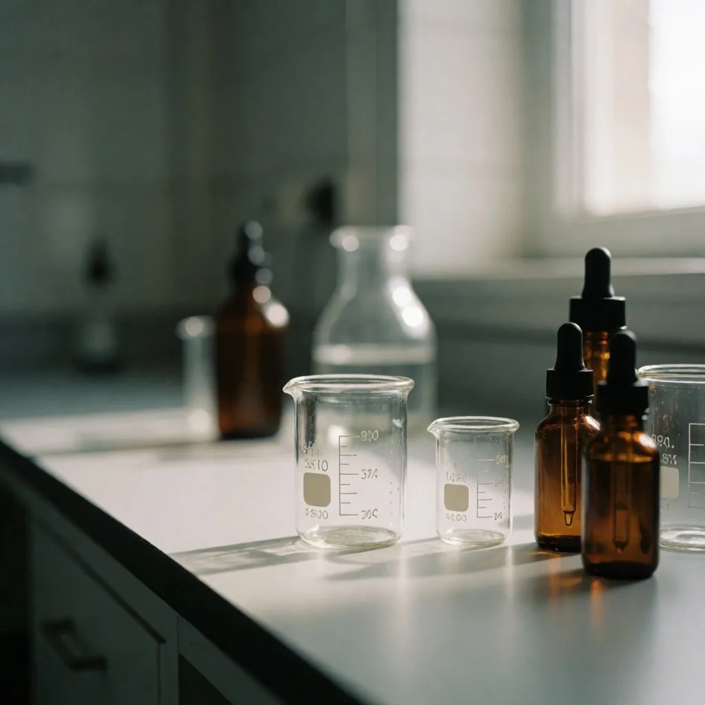Independent laboratory workspace with glass beakers and testing equipment