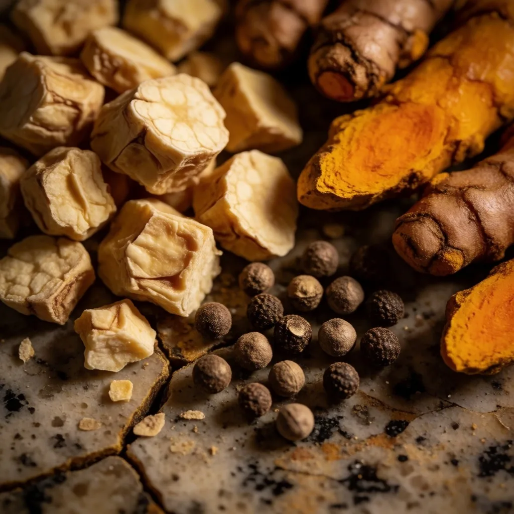 Dried botanical ingredients arranged on a stone surface