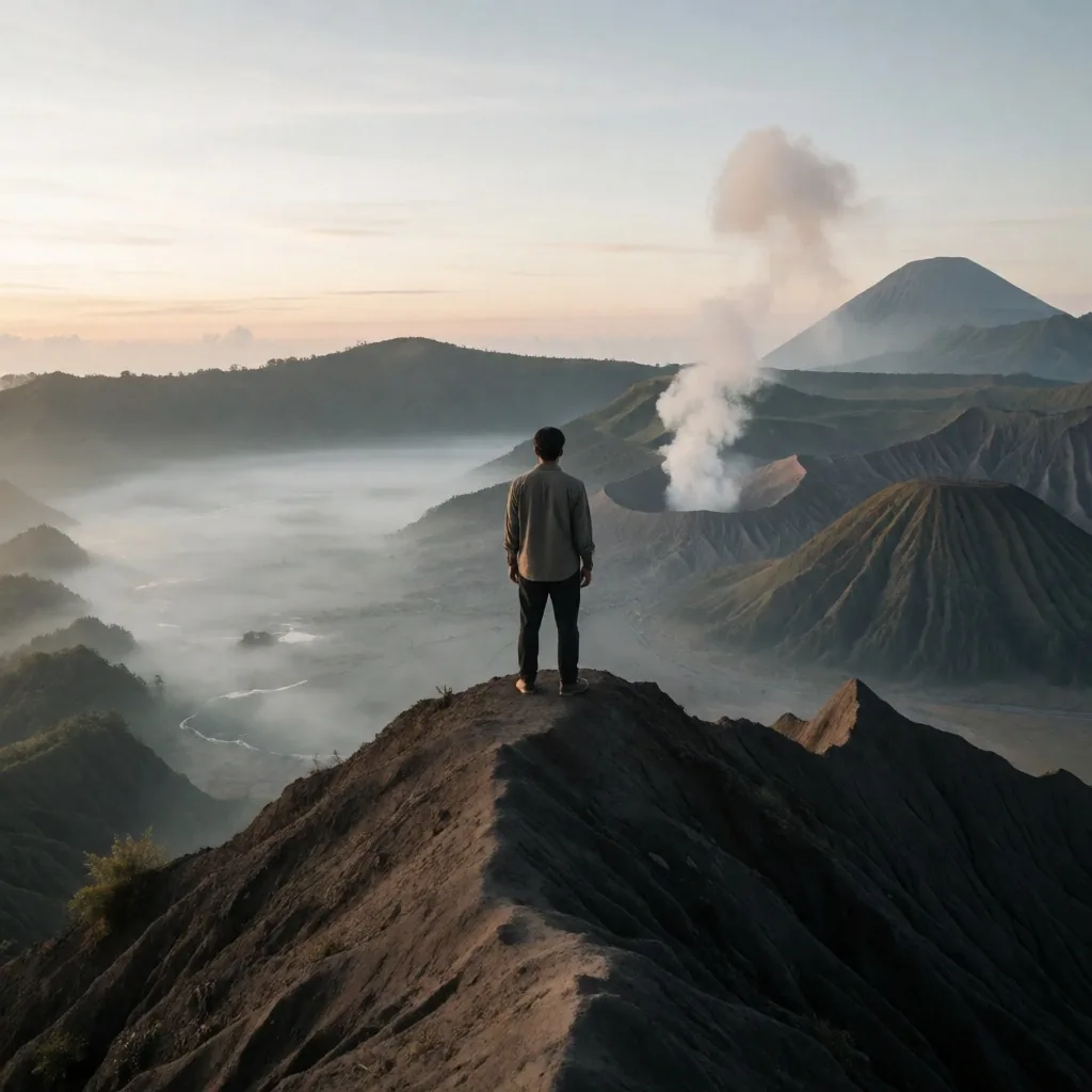 Morning light over a mountain ridge in Java, Indonesia